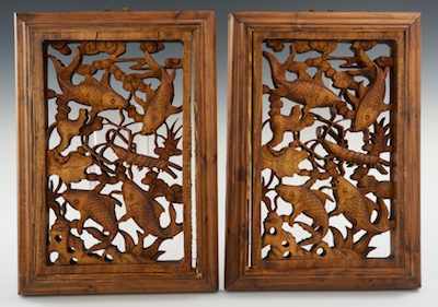 Appraisal: A Pair of Chinese Carved Wood Plaques Modern Each very