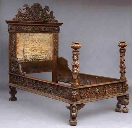 Appraisal: LOUIS XIII-STYLE CARVED WALNUT FOUR-POSTER BEDSTEAD ft in x ft