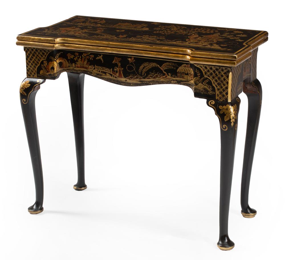 Appraisal: Antique Georgian-Style Black Lacquered and Chinoiserie Decorated Games Table shaped