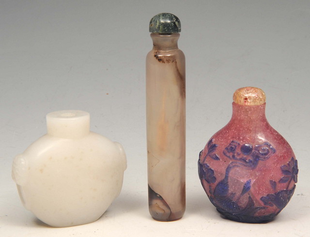 Appraisal: A GROUP OF THREE CHINESE HARDSTONE SCENT BOTTLES two moon