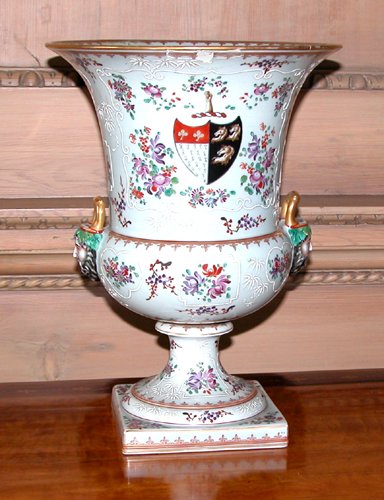 Appraisal: Title French Porcelain Urn with Samson bracket handles and mask