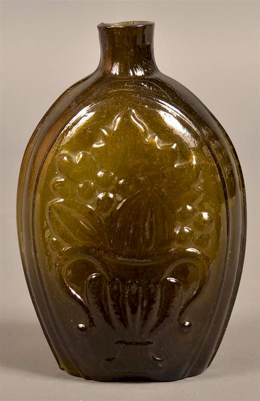 Appraisal: Olive Green Blown Glass Cornucopia Urn Flask Early th Century