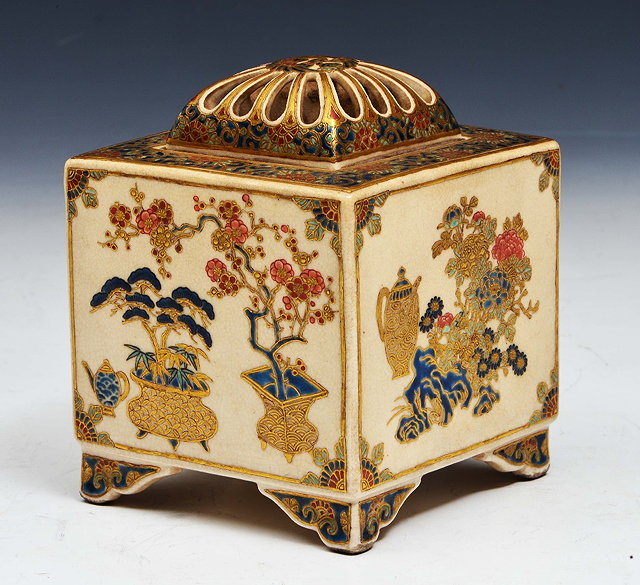 Appraisal: A SATSUMA SQUARE INCENSE BURNER and cover each side with