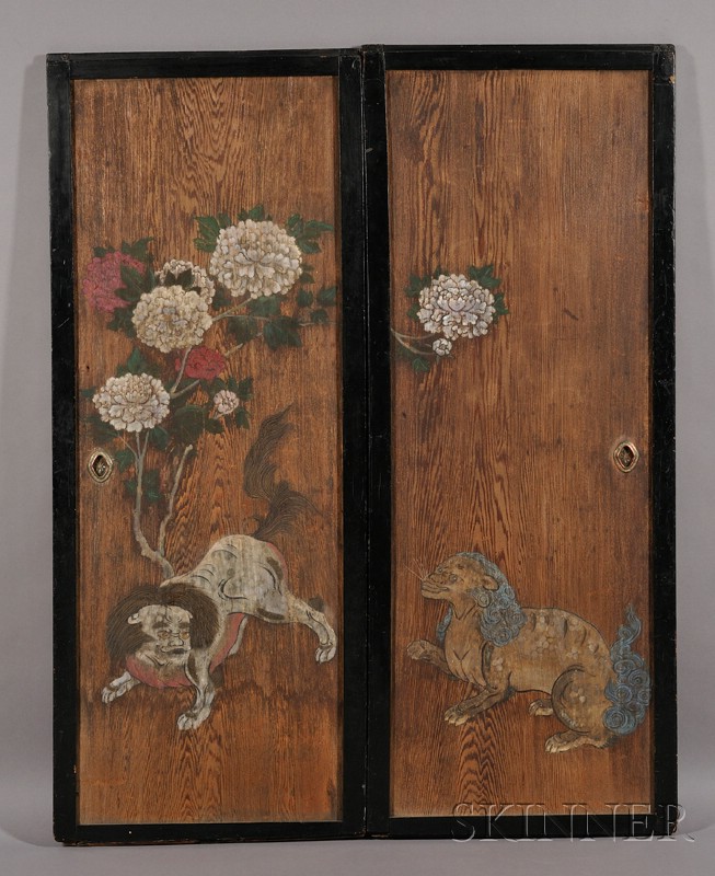 Appraisal: Pair of Door Panels Japan th century painted with shishi