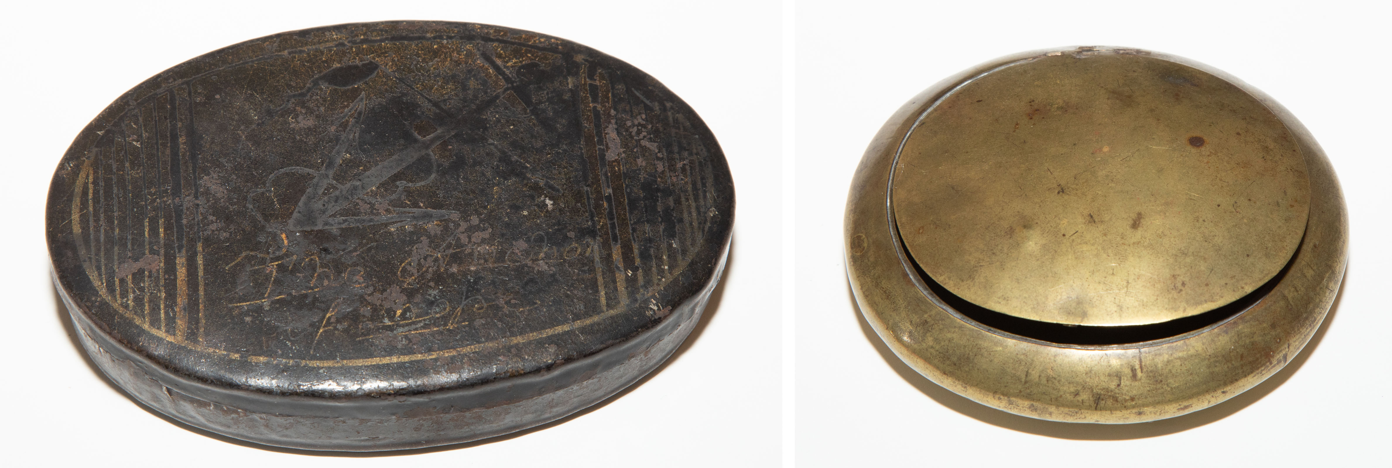 Appraisal: TWO TOBACCO BOXES Comprising A Continental hinged ovoid brass box