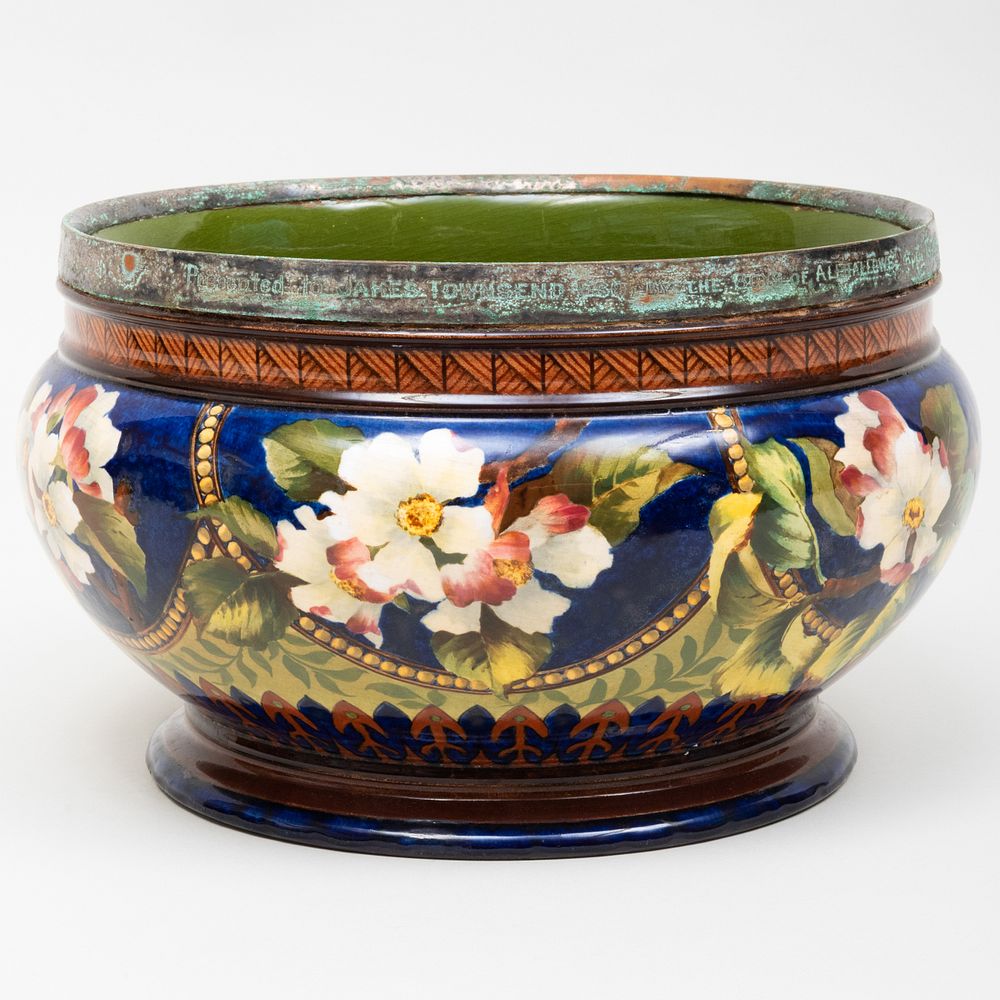 Appraisal: Royal Doulton Metal-Mounted Glazed Earthenware Jardiniere with Flower Decoration Various