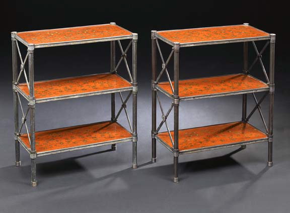 Appraisal: Pair of Directoire-Style Patinated Metal and Lacquered Etageres each fitted