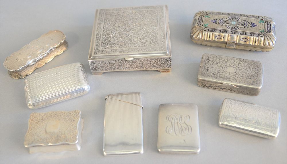 Appraisal: Group of nine silver boxes hinge lid boxes money cases