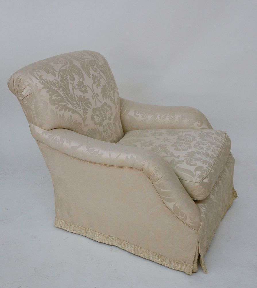 Appraisal: White Damask Upholstered Armchair White Damask Upholstered Armchair Height in