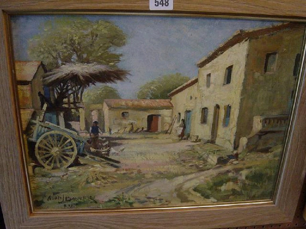 Appraisal: An oil painting on board of a continental farmyard scene