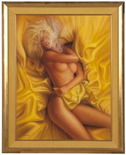 Appraisal: Jon Hul ''Golden Silk Sheets'' blonde nude in bed signed