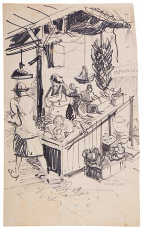 Appraisal: GEORGE LUKS Vegetable Market Stall Pen and black ink on