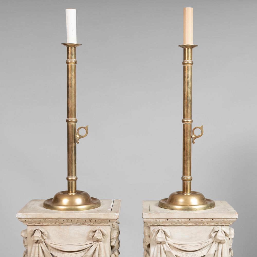 Appraisal: Pair of Tall Brass Candlesticks Mounted as Lamps in high