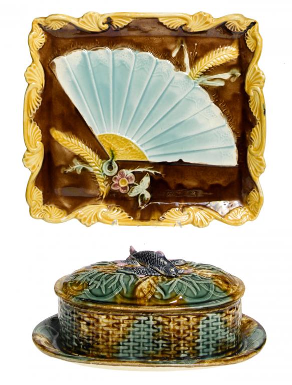 Appraisal: A MAJOLICA OVAL BASKET MOULDED SARDINE BOX AND COVER the