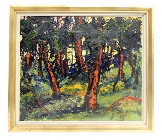 Appraisal: th C oil on canvas abstract landscape depicting scattered trees