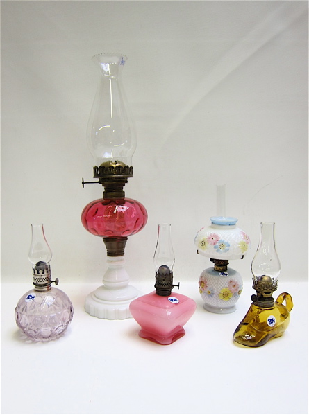 Appraisal: FOUR FAIRY LAMPS AND ONE FLUID OIL LAMP consisting of