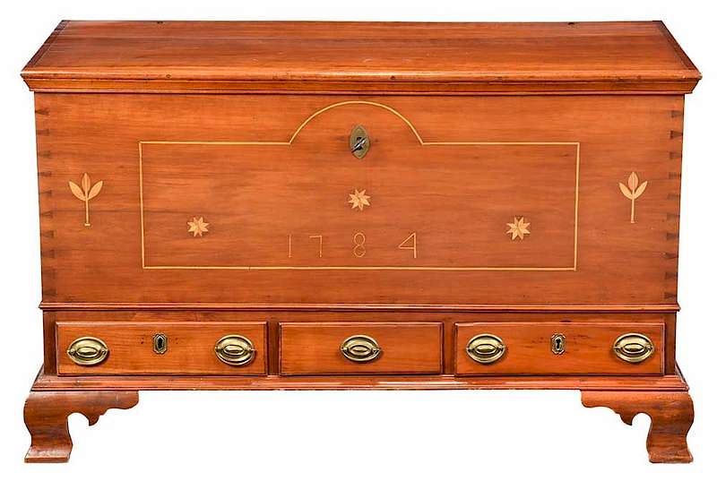 Appraisal: Pennsylvania Inlaid Cherry Lift Top Chest dated hinged lid with