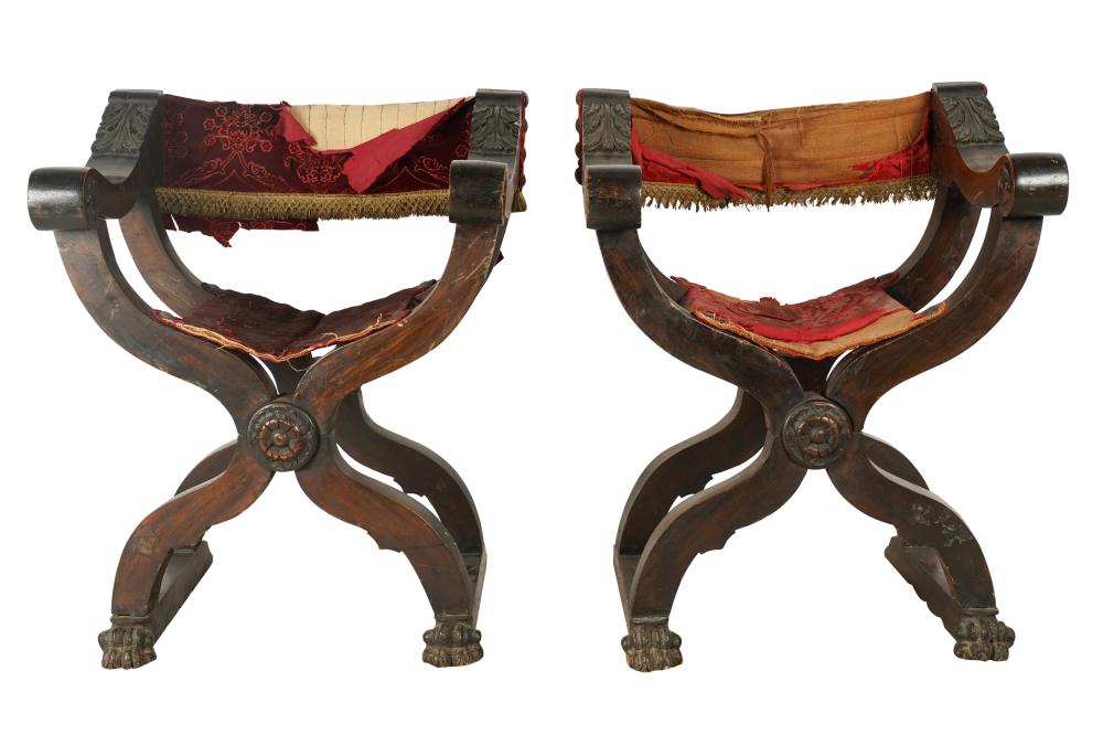 Appraisal: PAIR OF CARVED WALNUT SAVONAROLA CHAIRSeach with fabric seat and