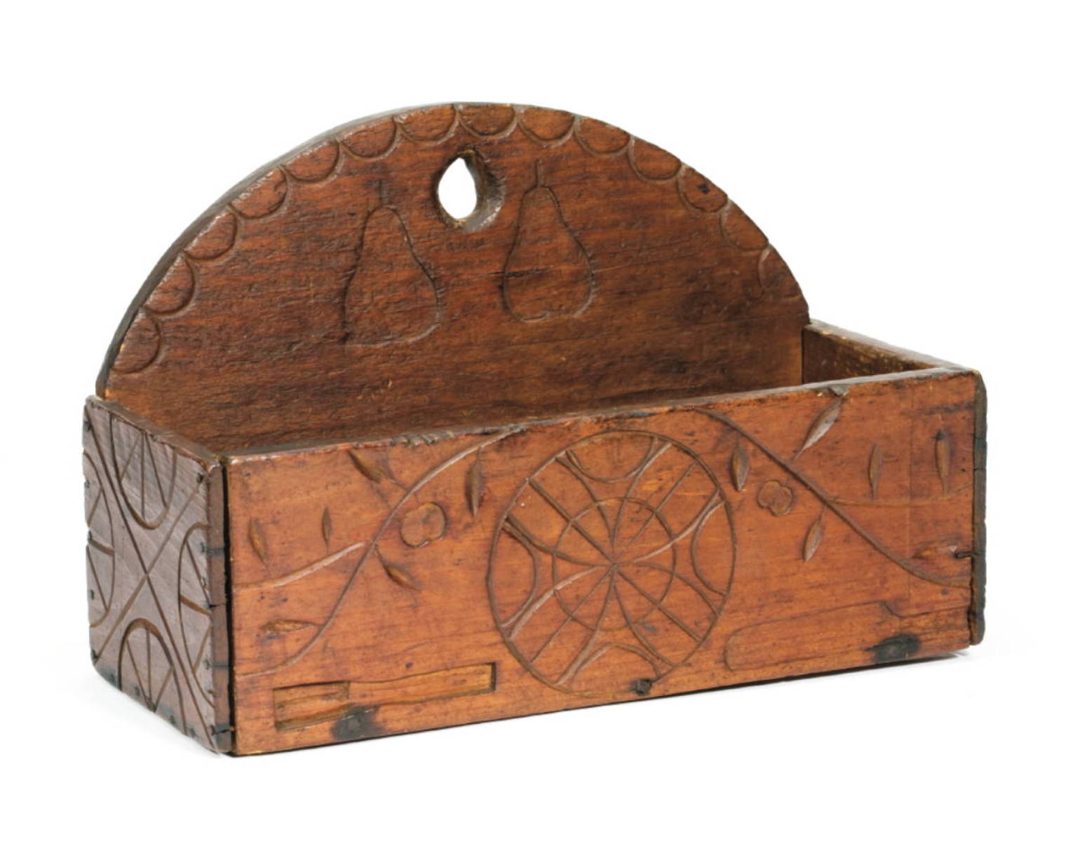 Appraisal: AMERICAN STAINED AND CARVED PINE WALL BOX The arched backplate