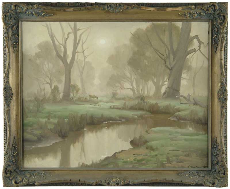 Appraisal: ERNEST WILLIAM BUCKMASTER Australian - HAZY CREEK WITH COW Oil