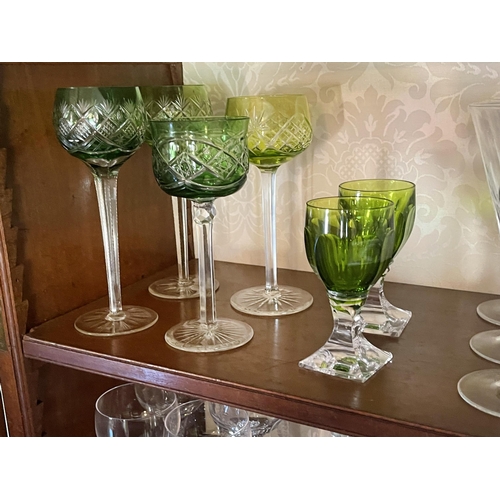 Appraisal: Four vintage green overlay cut crystal hock glasses along with