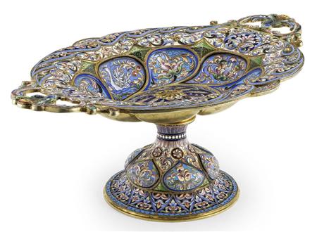 Appraisal: A Russian silver-gilt and cloisonn enamel two-handled tazza Orest Kurliukov