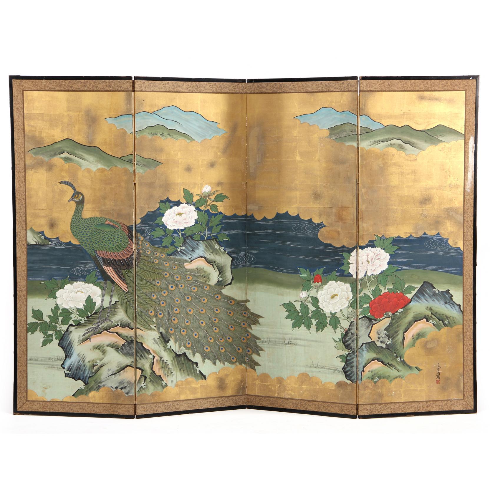 Appraisal: Japanese Four-Panel Floor Screen late Edo period depicting a peacock