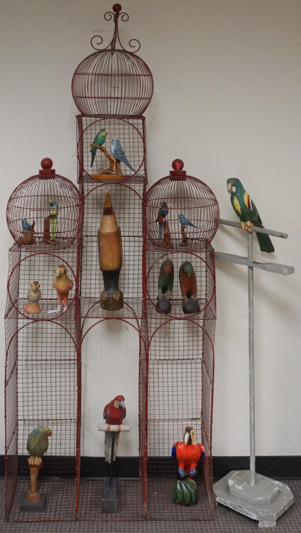 Appraisal: LARGE RED PAINTED WIRE MULTI-TIERED BIRD CAGE WITH PAINTED PAPIER-MACHE