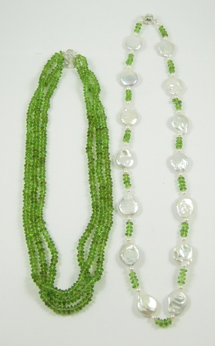 Appraisal: TWO PERIDOT BEAD NECKLACES including a inch triple strand necklace