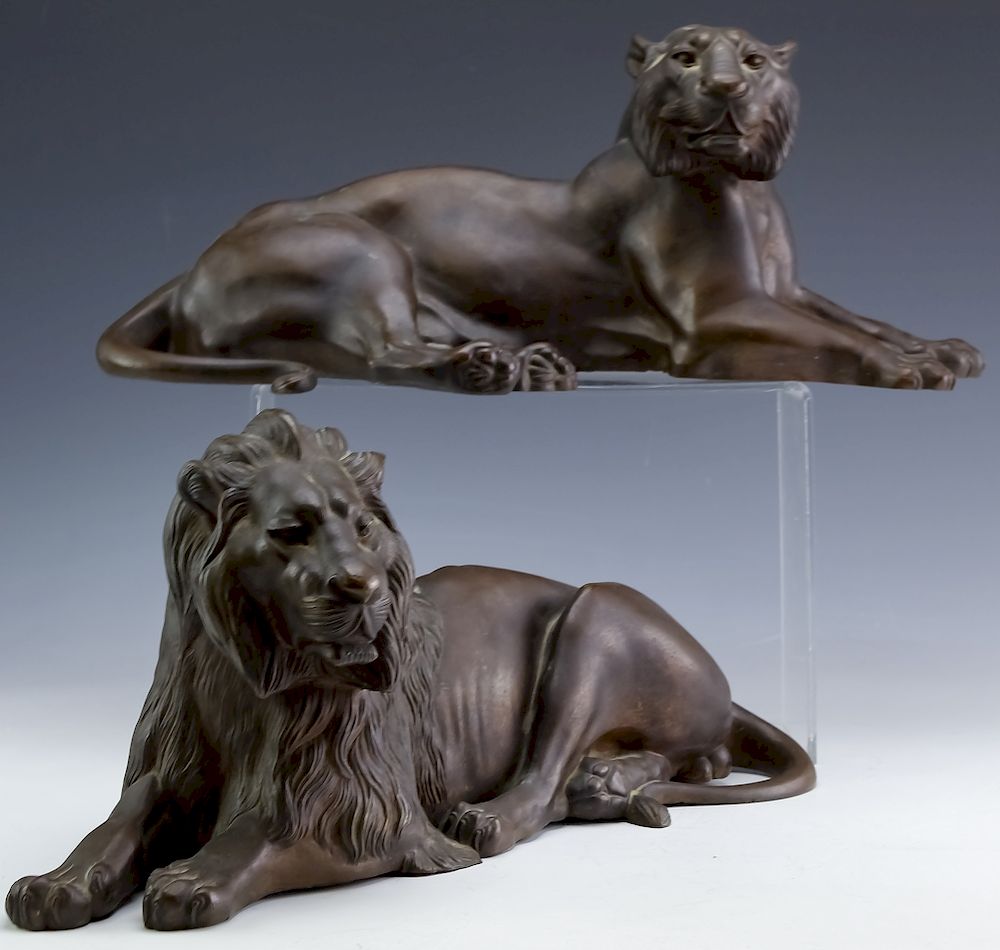 Appraisal: Meiji Period Figural Bronze Lions Art Sculptures Fine pair of