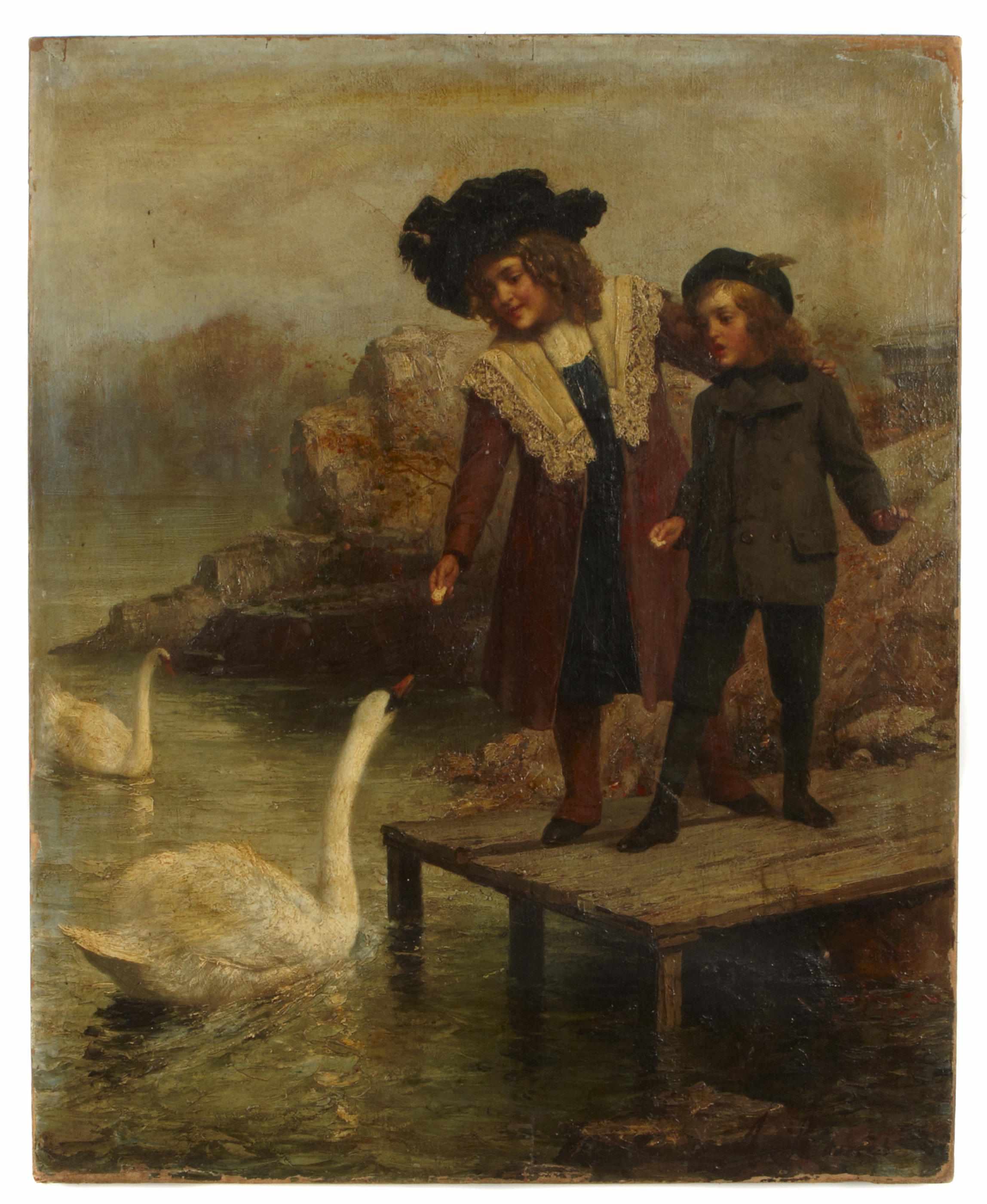 Appraisal: English School Children feeding the swans indistinctly signed 'A B