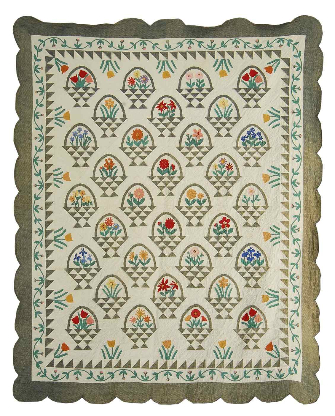 Appraisal: PIECED AND APPLIQU QUILT th CenturyIn Flower Basket'' pattern New