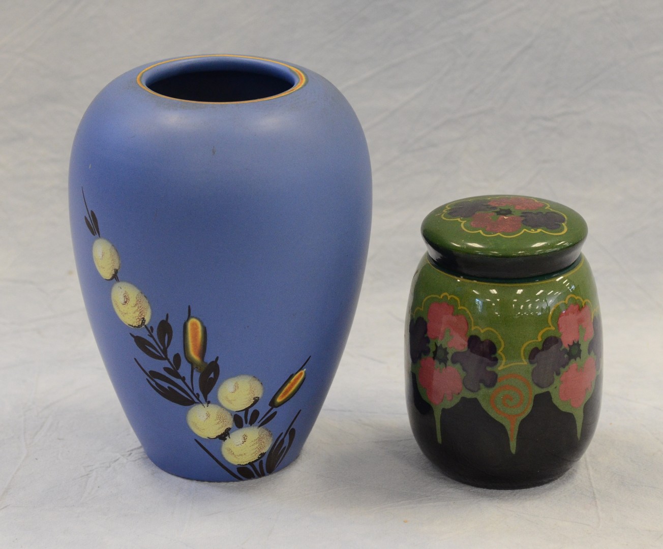 Appraisal: Pieces Gouda Pottery covered jar with high glaze - h