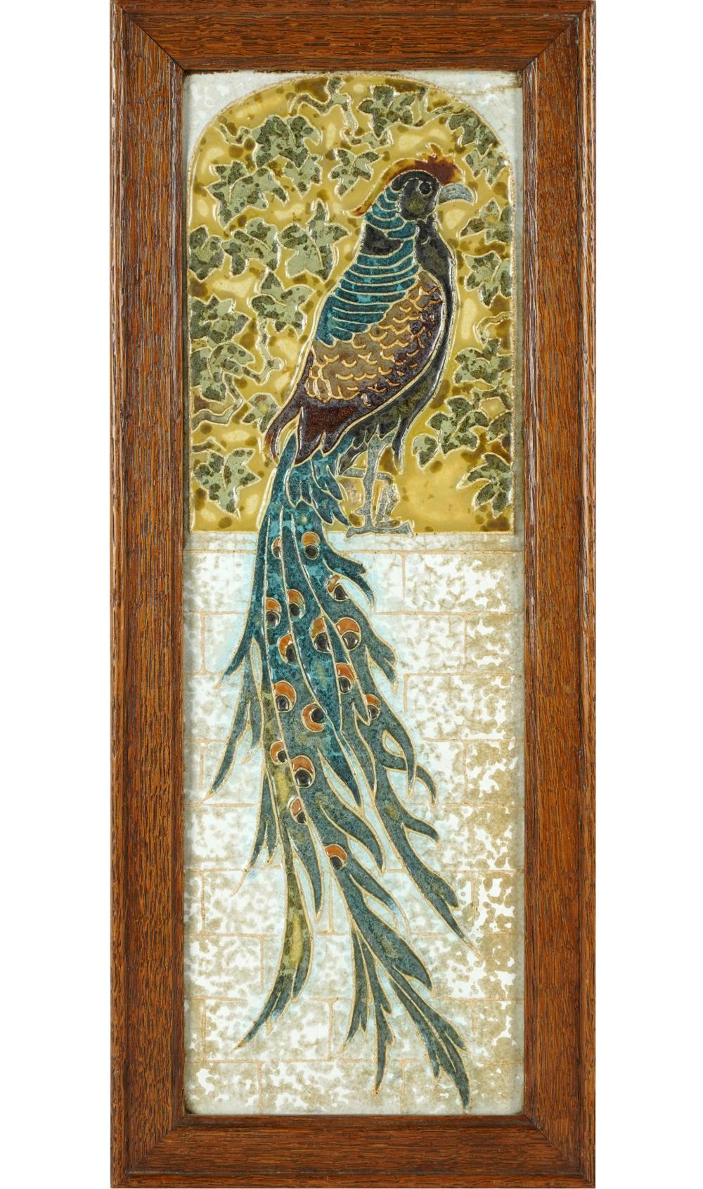 Appraisal: VINTAGE FRAMED DELFT PEACOCK TILEwith label verso the tile x