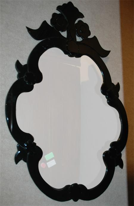 Appraisal: Black Glass Framed Cartouche-Form Mirror Estimate nbsp nbsp nbsp -