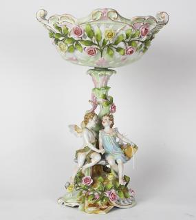 Appraisal: Large Dresden porcelain figural centerpiece having a pierced bowl accented