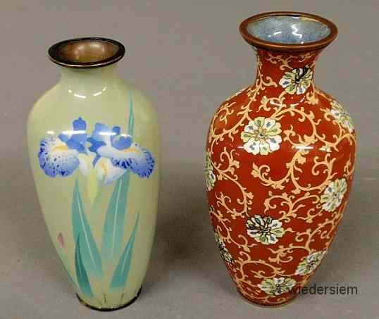 Appraisal: Two cloisonn vases th c light green with iris decoration