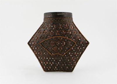 Appraisal: A Japanese hexagonal basket with a fan motif to one