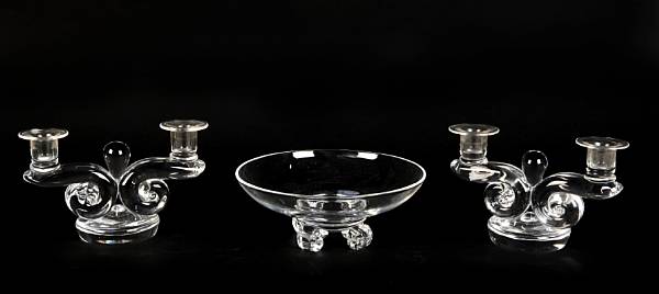 Appraisal: A pair of Steuben clear glass Scroll two-light candelabra and