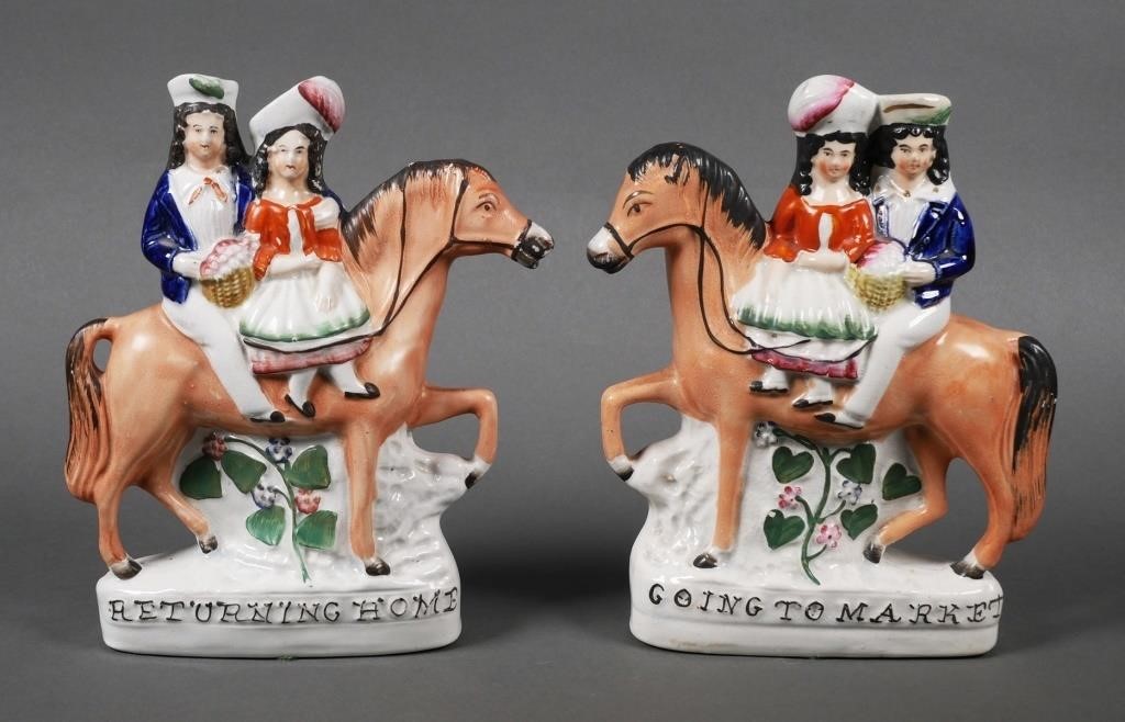 Appraisal: Pair Staffordshire hand painted flatbacks titled Going to Market and