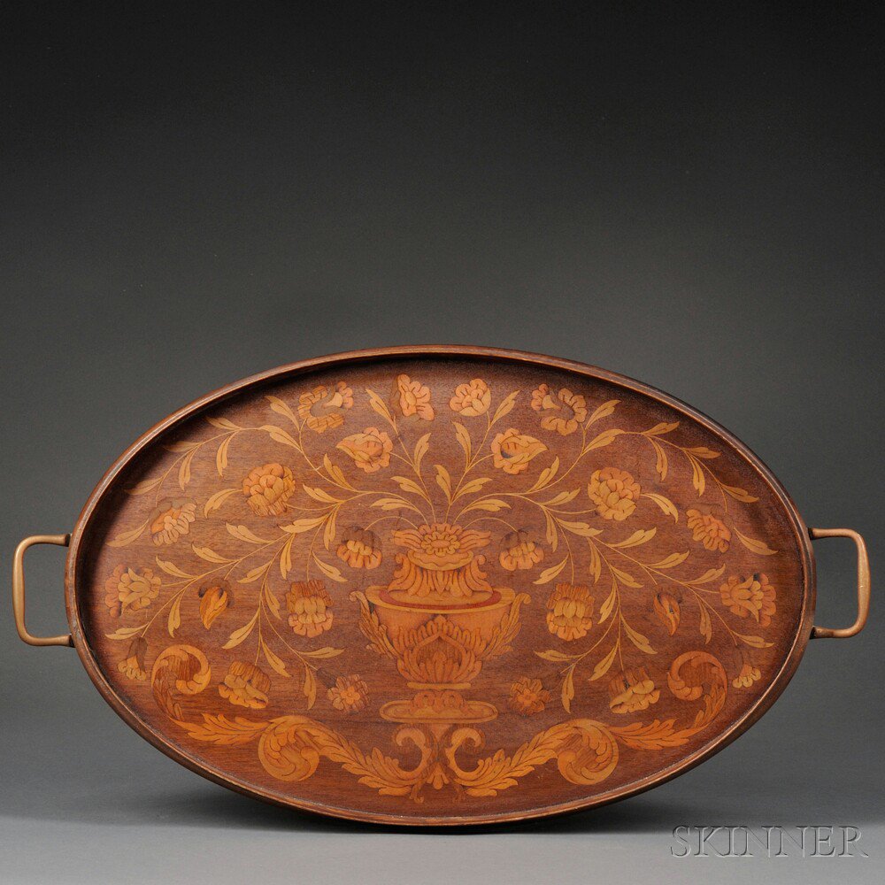 Appraisal: Marquetry-inlaid Mahogany Serving Tray late th early th century oval