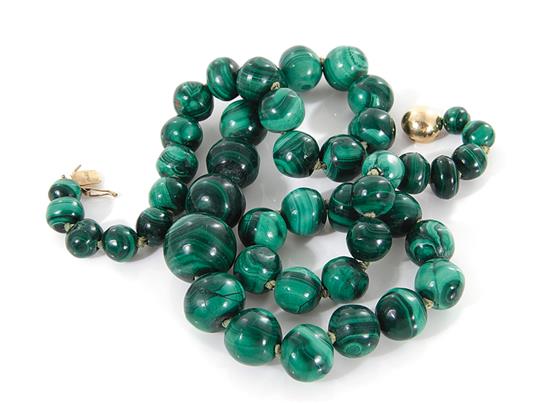 Appraisal: Malachite bead necklace - mm graduated beads ending with K