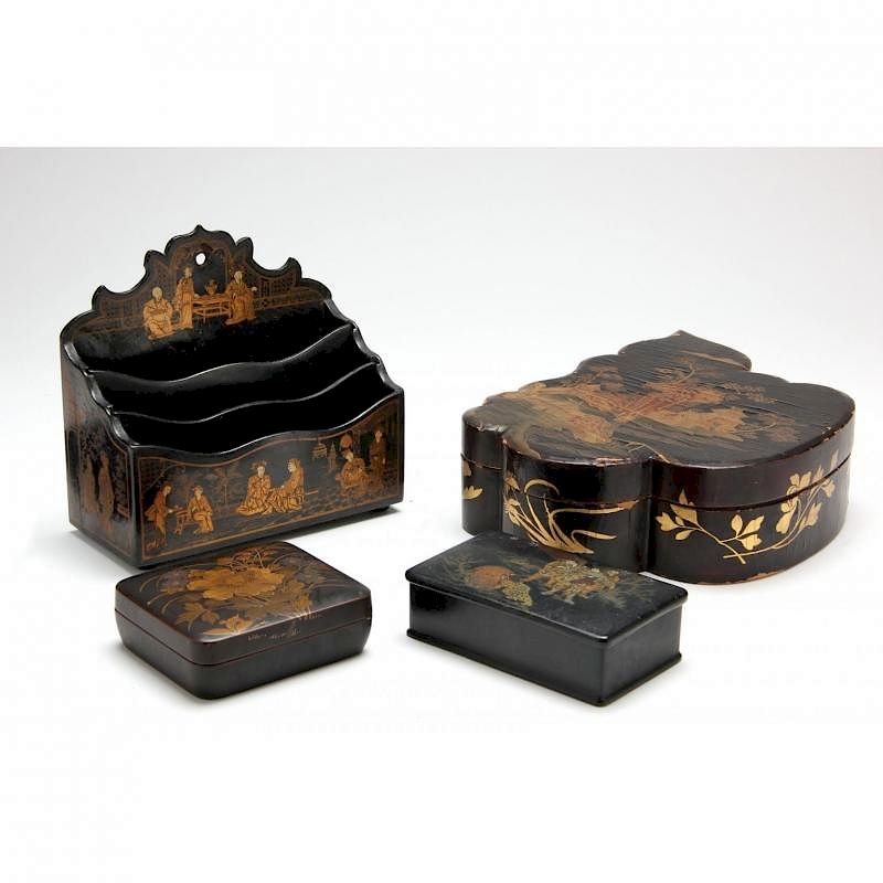 Appraisal: Four Antique Japanese Lacquered Objects including an asymmetrical leaf form