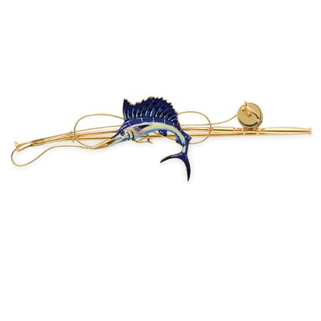 Appraisal: Gold and Enamel Fishing Rod Brooch Tiffany Co Estimate -