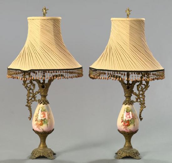 Appraisal: Tall Pair of Continental Gilt-Spelter-Mounted Porcelain Garniture Ewers fourth quarter