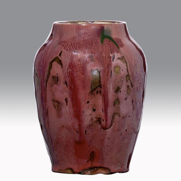 Appraisal: HUGH ROBERTSONDEDHAMExperimental vase in mirrored oxblood glaze with green streaksIncised