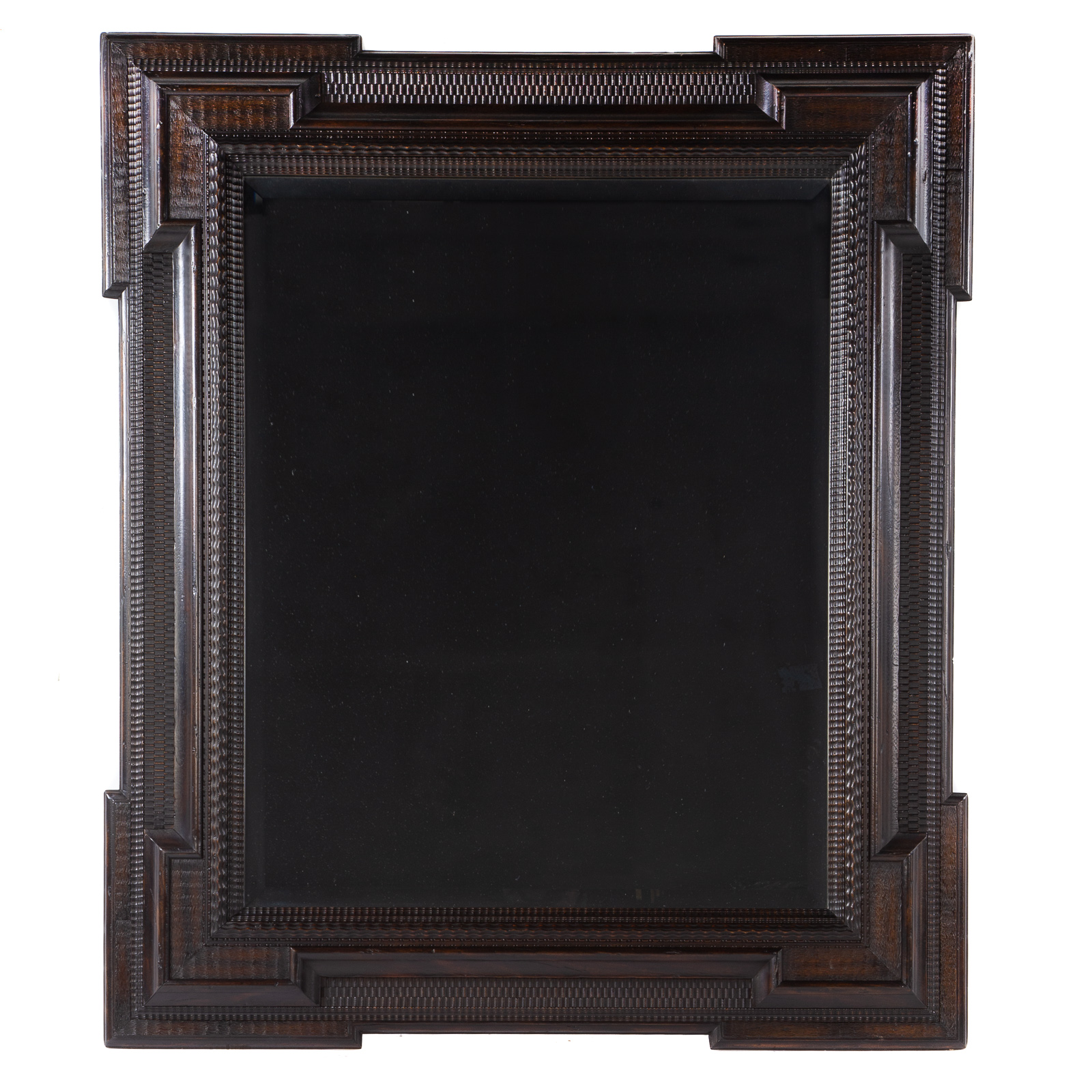 Appraisal: ALFONSO MARINA BEVELED BLACK WALNUT MIRROR Having geometric carved relief