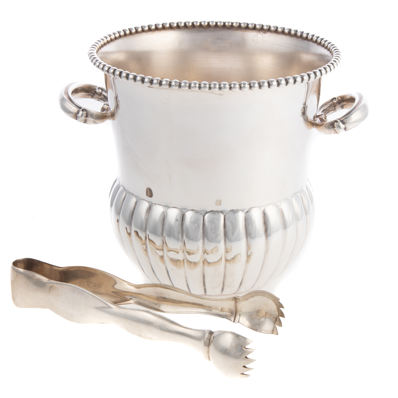 Appraisal: CAMUSSO STERLING ICE BUCKET TONGS Urn-form gadrooned waist applied bead