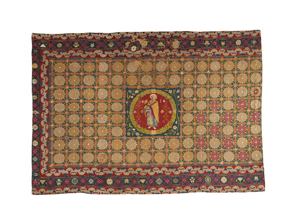 Appraisal: ENGLISH WOOL AND PART SILK NEEDLEWORK CARPET SECTION DATED the