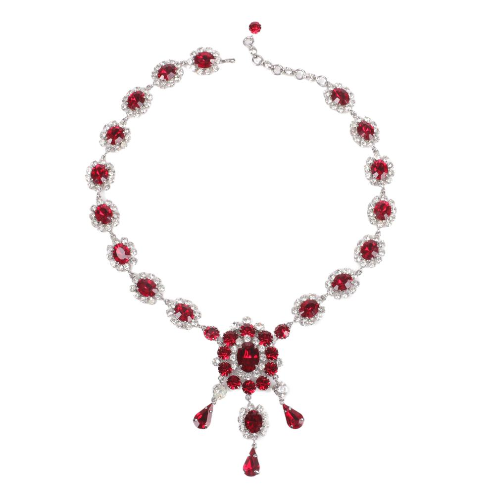 Appraisal: WEST GERMANY RHINESTONE AND RED CRYSTAL NECKLACE WITH FLORAL MOTIF